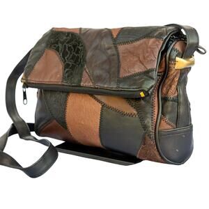 Vintage 1980's Handbag MITZI Purse Brown Leather Patchwork Crossbody Bag